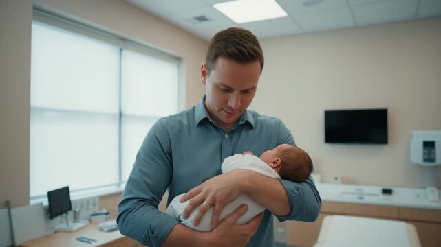 Caucasian father gently holding newborn baby during medical check up in modern clinic with nurse in background and soft daylight. Concept of fatherhood and pediatric healthcare