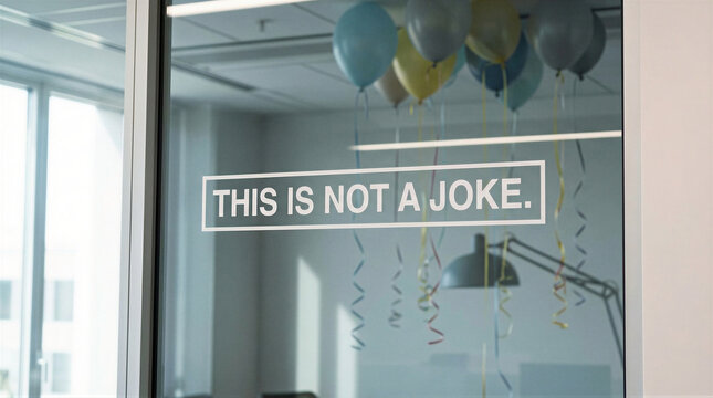 Office window displaying this is not a joke message with blue silver balloons and streamers. April fools day prank signage in modern workplace. Humorous announcement for surprise alerts and fun