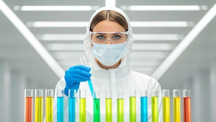 Young Woman in Protective Lab Coat Meticulously Handling Pipette in Laboratory, Gigapixel Standard v2 4x