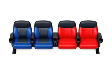 Obraz premium Row of four cinema seats, two blue and two red, with cup holders, isolated on black
