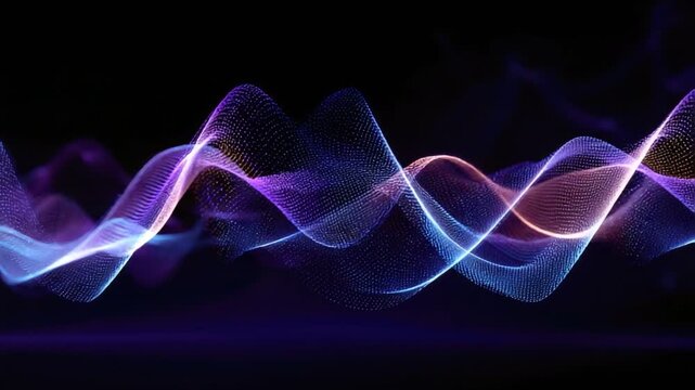 Harmonic Resonance: A captivating digital display of luminous, undulating waves in vibrant shades of blue, violet and purple.
