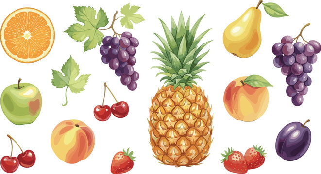 Assorted Fresh Fruit Set with Pineapple Grapes Orange Apple Pear Peach Strawberry and Cherry for Healthy Organic Food Vector Illustration