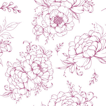 Floral seamless pattern with Peony. Peony background. Flower background. Vintage Peony hand drawn line art design. Elegant seamless background