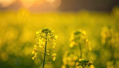 Obraz premium Close-up of yellow flowers in a sunlit field, creating a warm and peaceful atmosphere at sunset.