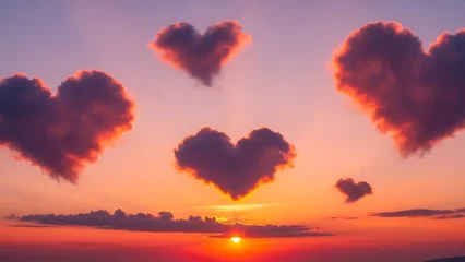 Wandcirkels Paars Multiple Heart Shaped Clouds Floating in a Romantic Sunset Sky   © Maker