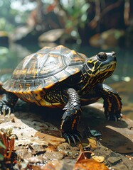 Naklejka premium A turtle with a brown shell with yellow lines on a rock near water