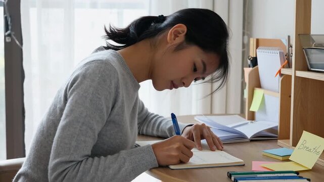 Young woman in gray sweater diligently writing in a notebook at a wooden desk surrounded by colorful sticky notes and study materials