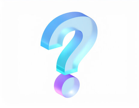 Isometric matte‑glass 3D question mark in a blue‑to‑purple gradient with a glossy translucent finish on a white background, symbolizing inquiry, curiosity, help, and information search.