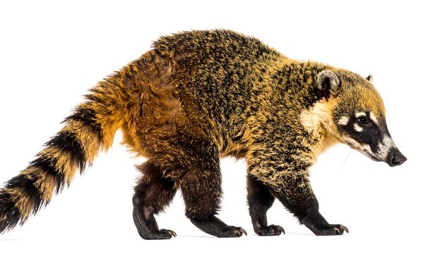 Coati isolated on white background, showcasing its unique features.