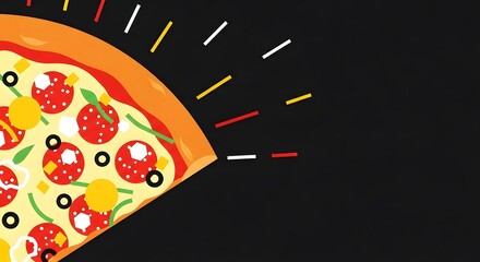 A delicious slice of pizza with various toppings on a black background with colorful streaks