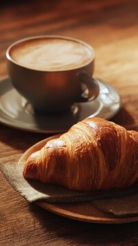 Croissant and Coffee on Wooden Table