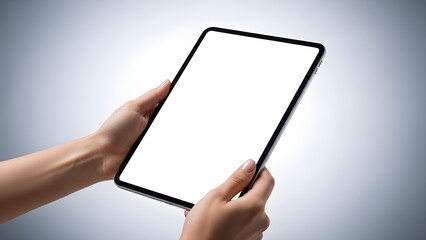 Professional hands holding a modern digital tablet with a clear blank white screen, ideal for showcasing app interfaces or creative design mockups in a clean, contemporary setting