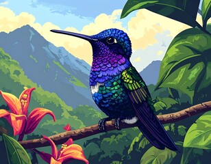 A vividly colored hummingbird sits on a branch with lush green foliage and mountains in the background, art style