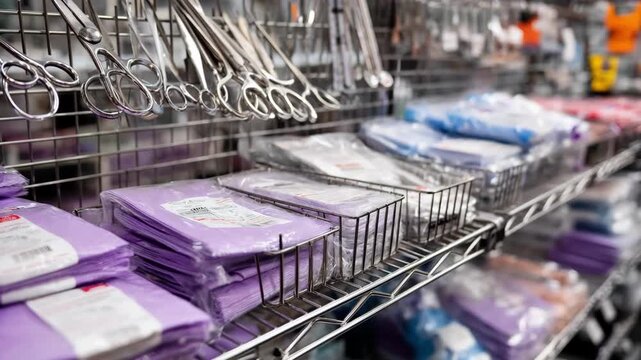 Shot showcasing organized shelves filled with compostable medical disposables with sharp focus on product labels and blurred clinical tools behind.