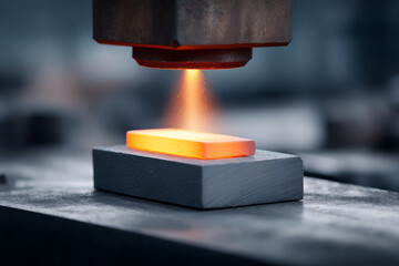 Hot burning metal piece radiates with intense heat in metalworking factory