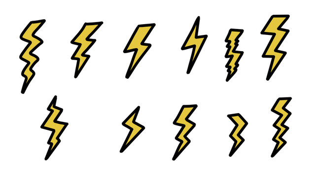 Collection of Hand-Drawn Yellow Lightning Bolt Vector Icons Isolated on White Background, Thunder Doodle Elements, Comic Cartoon Flash Signs - Transparent PNG