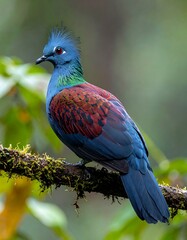 A vividly colored Victoria Crowned Pigeon perches on a mossy branch in a lush, natural setting