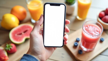 white blank phone screen on background of fruits and juices