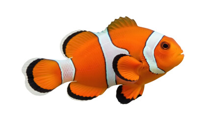Isolated vibrant orange clownfish with three white stripes is swimming in aquarium water © Isolde