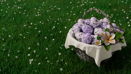 Easter eggs decorated with flowers nestled in a wicker basket on lush green grass surrounded by tiny white blossoms transparent background