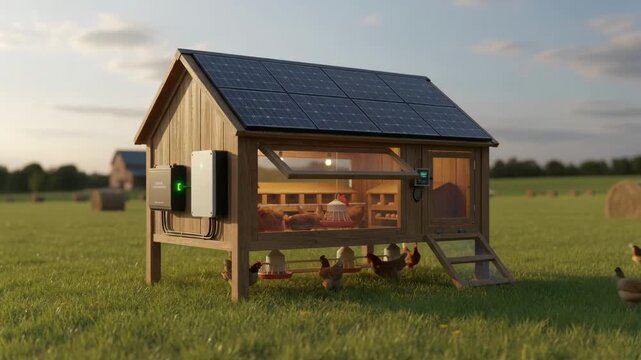 Medium shot focusing on a hen house equipped with integrated battery storage storing solar energy to ensure continuous power supply for automated poultry systems.