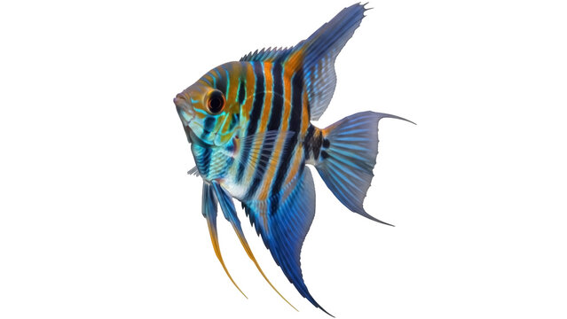 Isolated Pterophyllum scalare, common angelfish, freshwater fish with yellow-black stripes