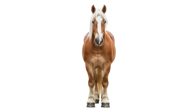 Isolated brown horse with blonde mane on background, standing front view full body