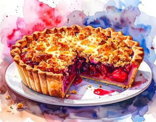 A watercolor illustration of a sliced cherry pie, resting on a plate, with a colorful splash background