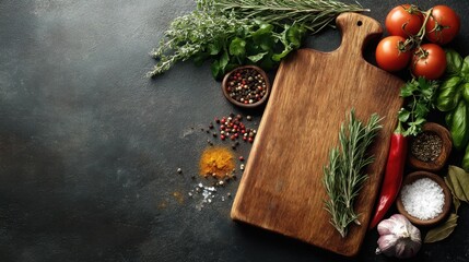Rustic kitchen setting with wooden cutting board and fresh ingredients.