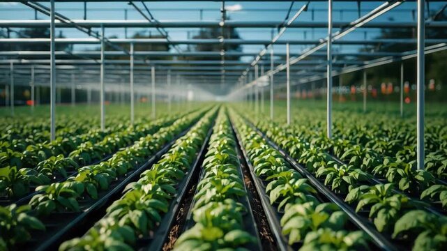 Green seedlings and young vegetable basil seedlings greenhouse rows with irrigation mist framework