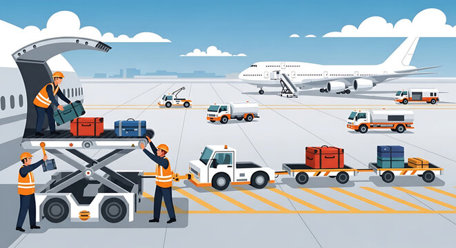 Airport baggage handling system with luggage cart and aircraft on tarmac