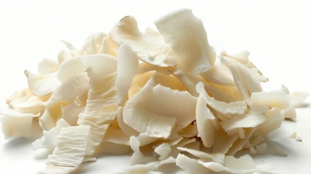 Video A heap of shredded coconut sits on a white surface, perfect for baking or decorating