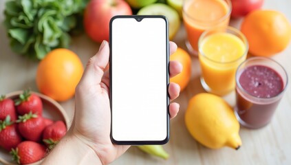 white blank phone screen on background of fruits and juices