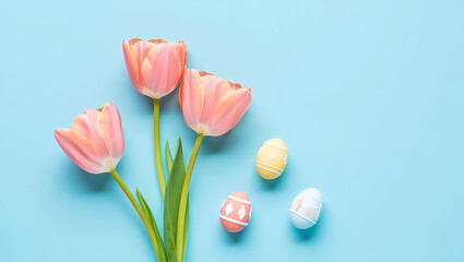 Easter tulips and eggs arranged on pastel blue background perfect for spring celebrations and festive decorations transparent background
