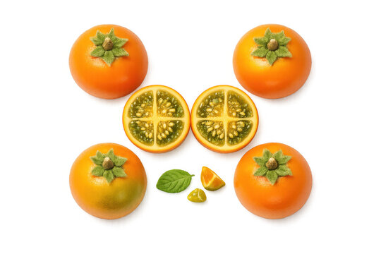 Fresh naranjilla fruits and slices arranged on a black background with mint leaves