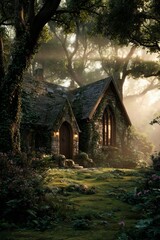 Naklejka premium Fairytale stone and wood cottage nestled in sun-dappled enchanted forest, mossy ground and blooming flowers all around. Whimsical magic and timeless peace captured at golden hour.