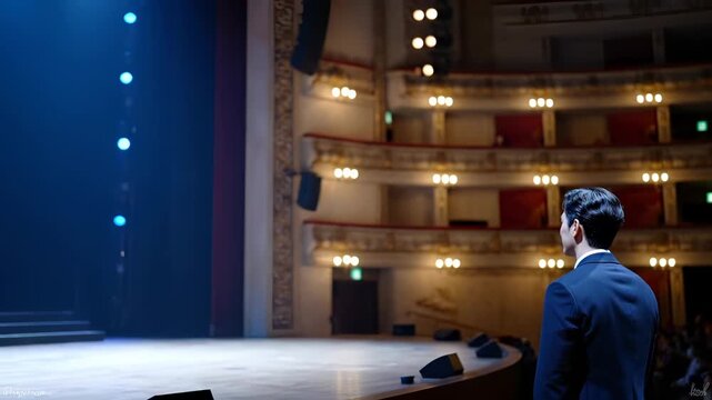 man near stage in theater balcony seat. suit faces auditorium under spotlight and lighting. performance area contains curtain, row and chandelier. interior molding and ornament frame venue and