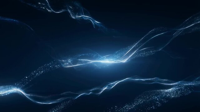 Abstract blue light waves with sparkling particles flowing in a dark background. Represents digital technology, innovation, and futuristic design