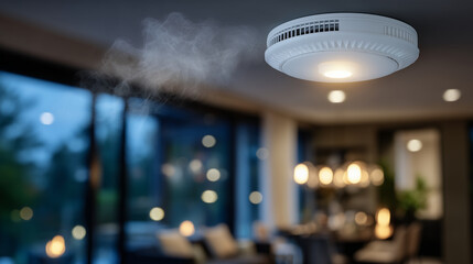 Emergency smoke detector triggering interlinked alarms, close-up on flashing device, other alarms glowing in background, smoke gently rising, residential home interior softly out o