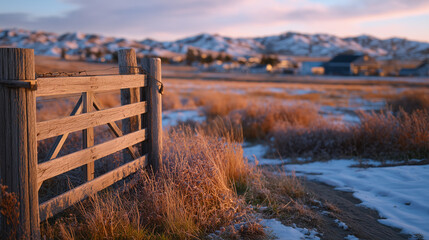 Fototapeta premium Shut farm gate on a snowy livestock property, weathered wooden fence posts, metal latch glinting in soft winter sunlight, frosted pasture stretching into the countryside, blurred b