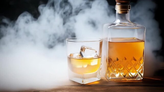 Crafting the perfect dram: pouring whiskey with ice and smoky atmosphere in rustic setting