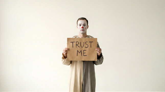 Clown man holding trust me sign. April Fools Day deception concept. Humorous warning about pranks tricks and skepticism in carnival entertainment