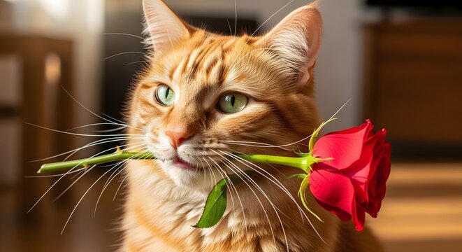 An orange cat holding a red rose in its mouth with a cute expression