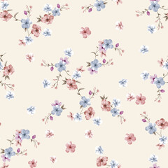 Pastel Watercolor Floral Seamless Pattern on Cream Background