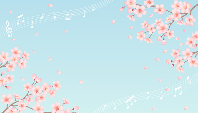 Cherry blossoms and musical notes frame on blue sky background. Spring music vector illustration.
