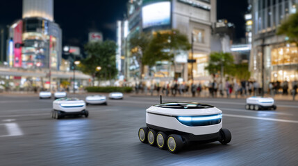 Obraz premium Multiple autonomous delivery robots navigating a busy city street, sleek futuristic design, reflective surfaces, urban buildings and pedestrians blurred in the background, close-up