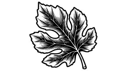 Obraz premium High-contrast black-and-white illustration of a single, intricately detailed leaf with visible veins and serrated edges