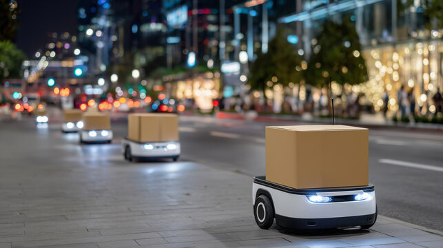 Urban street scene with multiple autonomous delivery robots, robots carrying parcels with LED indicators glowing, close-up perspective, blurred cars and pedestrians in the backgrou