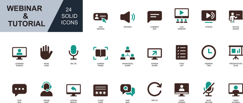Webinar and tutorial solid icon set. Featuring video, screen, live session, replay, mic, slide, and chat. Ideal for online learning, streaming, education UI, and course apps.