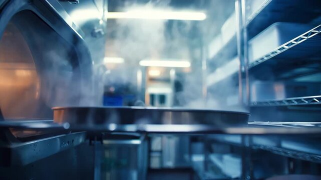 Medium shot of autoclave machine with steam visible foreground instrument tray sharp background shelves softly blurred in sterilization room ambiance.